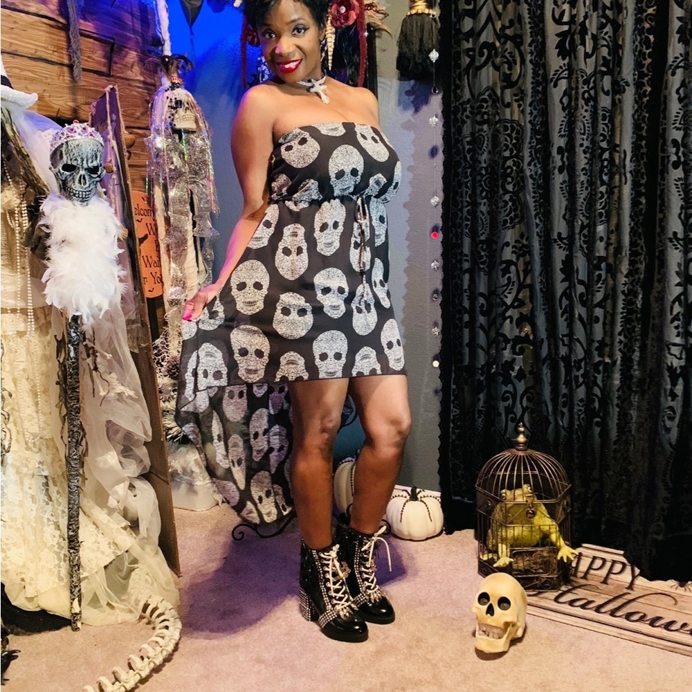 Gothic Skull Print Strapless Dress